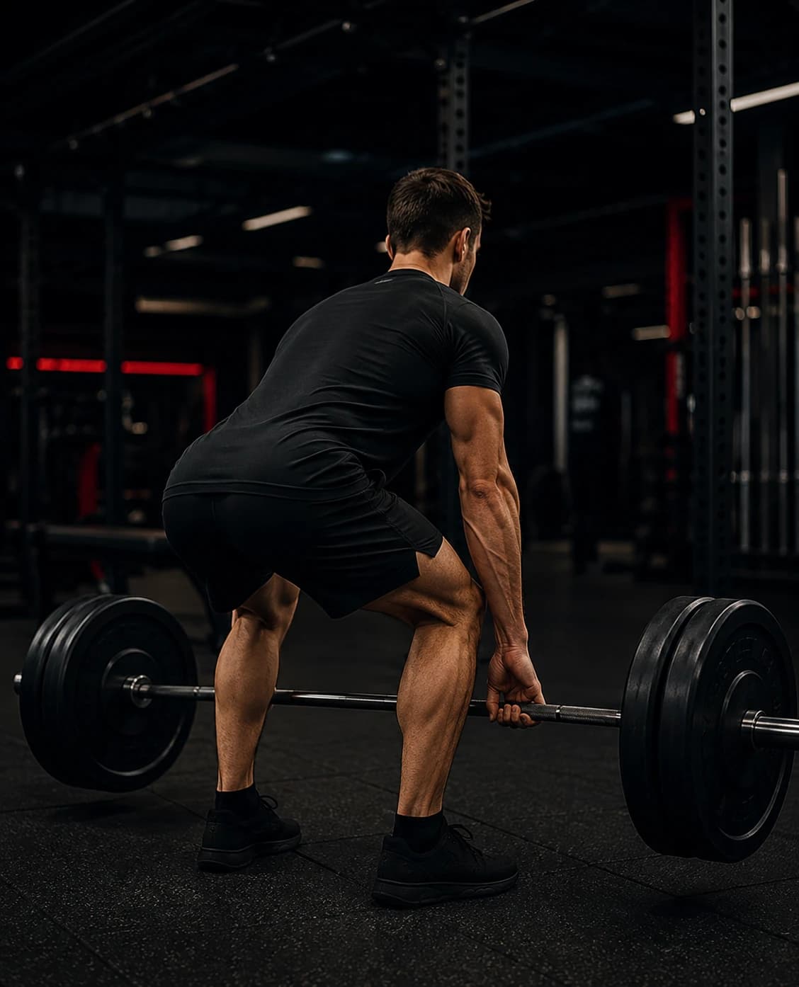 Personne réalisant un exercice de musculation dans une salle d'entraînement.