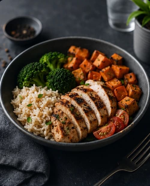 Repas équilibré composé de protéines, de féculents et de légumes.